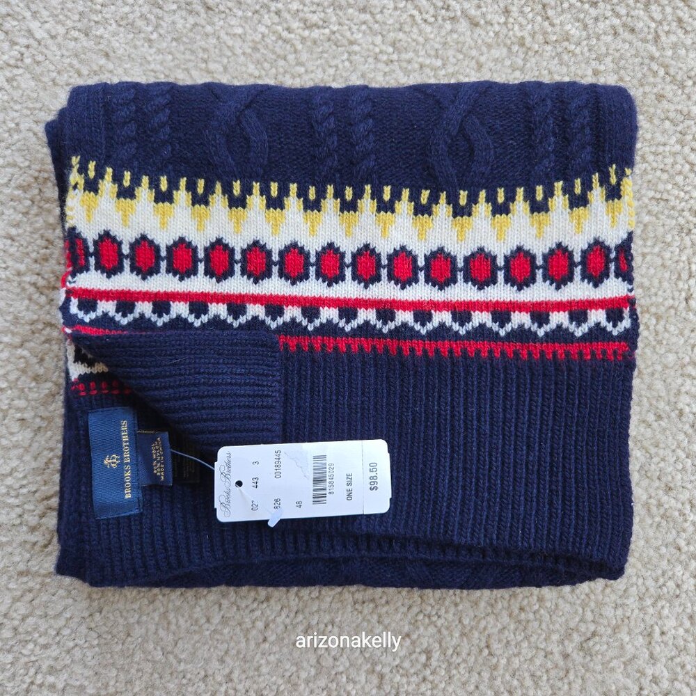 NWT Brooks Brothers Navy Cable Fair Isle Scarf Wool Blend